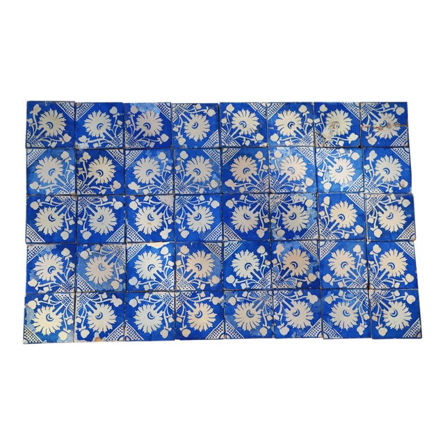 Rare Set of Forty Antique 19th Century Tiles Blue & White Floral Motif For Sale