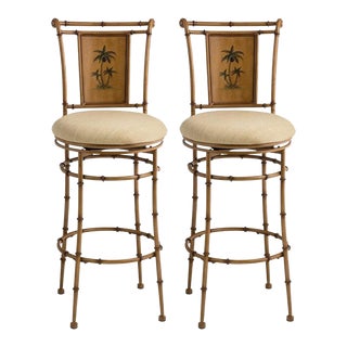 Faux Bamboo Hand Painted Swivel Counter Stools - a Pair For Sale