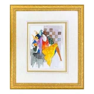 Itzchak Tarkay, Quiet Interlude, Hand Signed Original Watercolor on Paper, 23 X 20 In. Framed For Sale