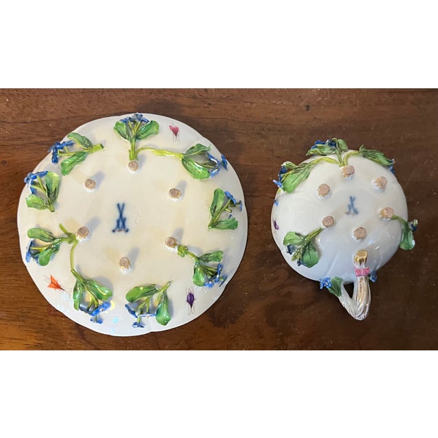 Antique Meissen Porcelain Tea Cup and Saucer With Applied Flowers and Hand Painted Insects For Sale - Image 9 of 15