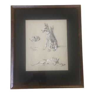 2000s Portrait of Dogs Pastel and Ink Drawing, Framed For Sale