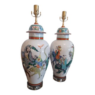 Vintgae Pair of French Vases With Handpainted Asian Scene For Sale