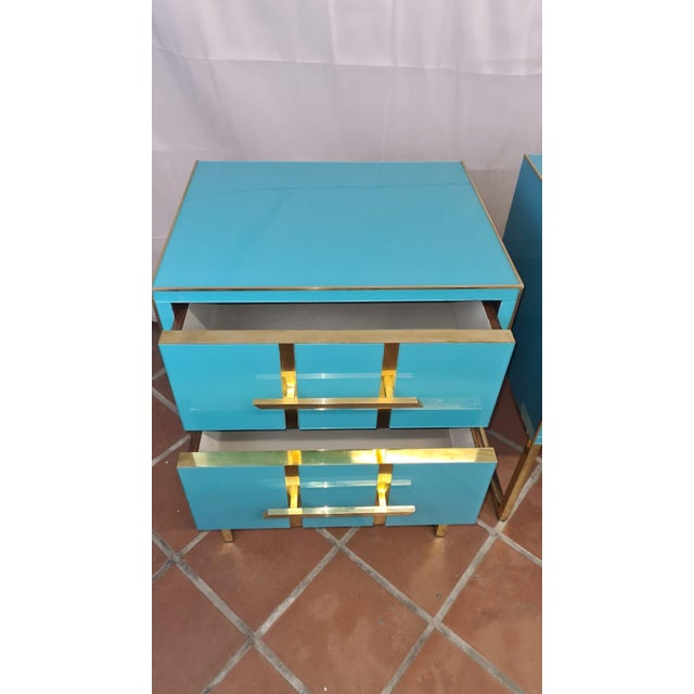 Not Yet Made - Made To Order Light Blue Murano Glass Bedside Tables in Brass and Gray Velvet from Justfurnituress SRL, Set of 2 For Sale - Image 5 of 10