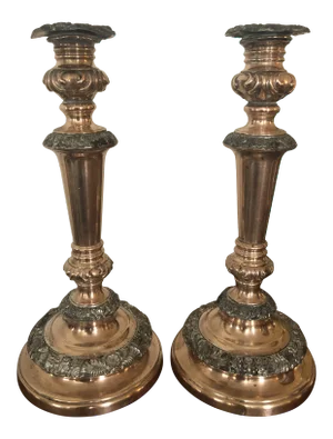 Antique Late 19th Century Arts and Crafts Silver Over Copper Candlesticks - a Pair