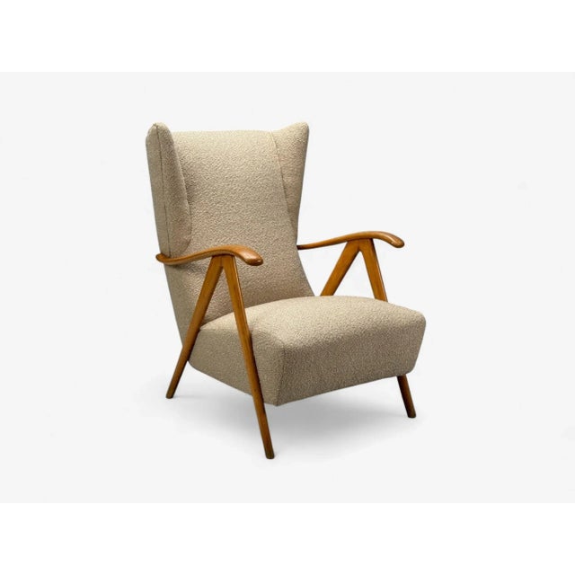 Wood Italian Modern, Beige Boucle, Wood, Sculptural Lounge Chairs, Italy, 1960s For Sale - Image 7 of 12