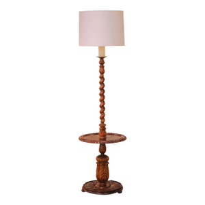 Early 20th C French Louis XIII Walnut Barley Twist Floor Lamp With Table