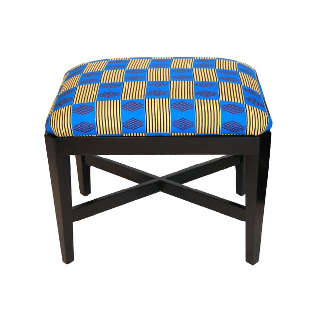 Mid-Century Modern Mid-Century X-Base Ottoman Stools With Geometric African Print- a Pair For Sale - Image 3 of 11