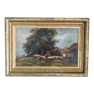 19th Century European Landscape Genre Scene Oil Painting in Great Frame