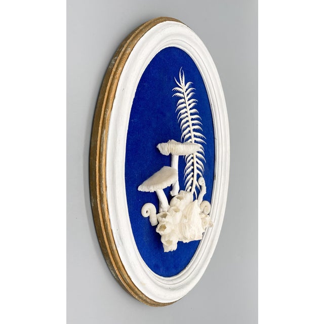 Vintage Framed Shell Art White Mushroom Motif With Blue Background Signed by Artist Chairish