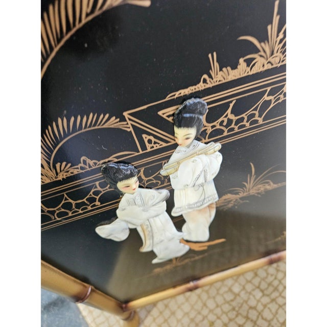 Vintage Asian Black Laquer End Table Hand Painted With Carved Mother of Pearl Figures For Sale In Philadelphia - Image 6 of 9