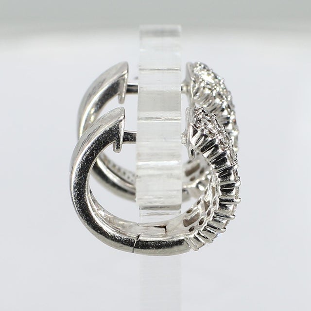 Contemporary 14k White Gold "Huggies" Earrings With Baguettes & Round Diamonds, A Pair For Sale - Image 3 of 6