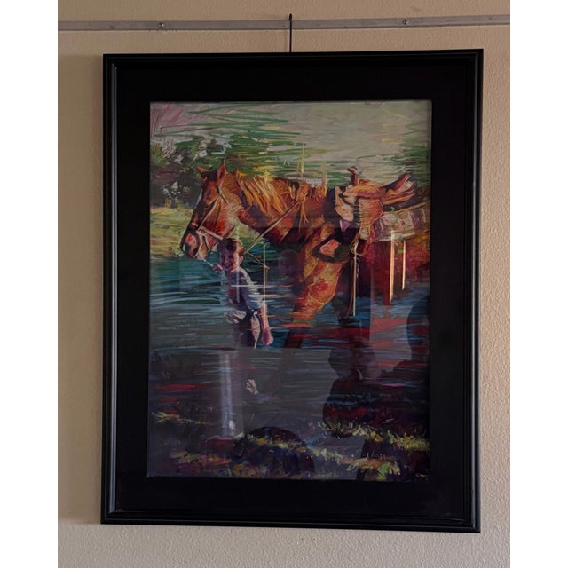 In "Good Morning," a young boy walks alongside a horse, both figures partially submerged in shimmering water that reflects...