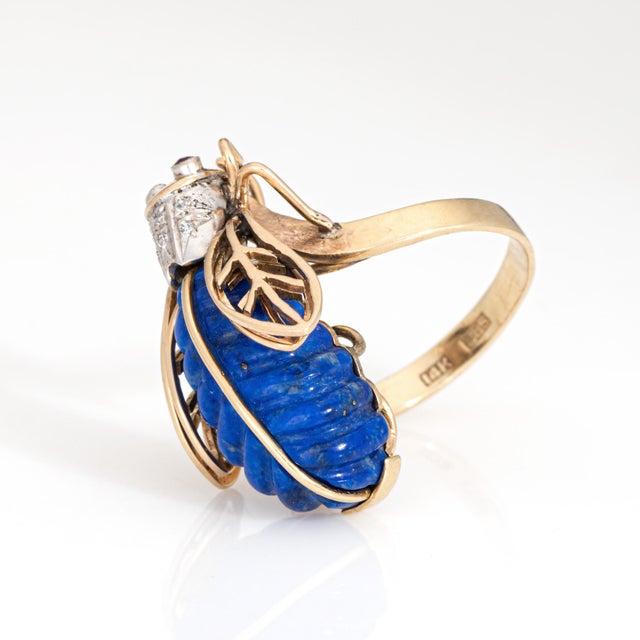 1970s 1970s 70s Vintage Diamond Insect Ring Sz 6 Large 14k Yellow Gold Fine Bee Jewelry For Sale - Image 5 of 6