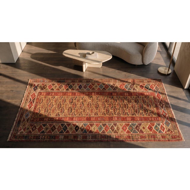 Textile 1880s Beige Salmon Geometric Tribal Antique Persian Kurdish Rug 4'0" X 9'4" Handknotted Wool Carpet For Sale - Image 7 of 8