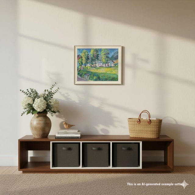 Impressionistic Painting of a Garden with Buildings in the Background A colorful, impressionist oil painting depicting a...