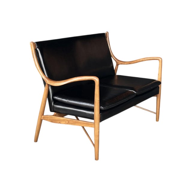 Scandinavian Modern Walnut & Black Leather Loveseat – Sculptural Frame For Sale - Image 9 of 11