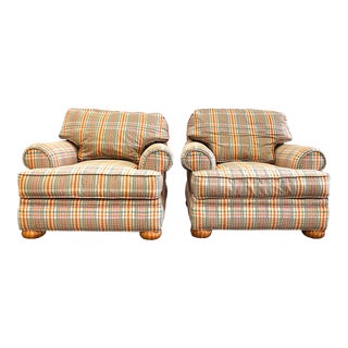 1990s Pearson Custom Upholstered Oversized Plush Plaid Arm Chairs- a Pair For Sale