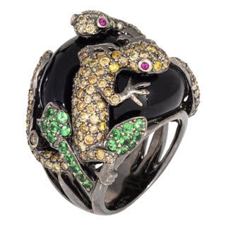 Diamond Double Lizard Ring Size 6.5 Estate 18k White Gold Garnet Band Jewelry For Sale