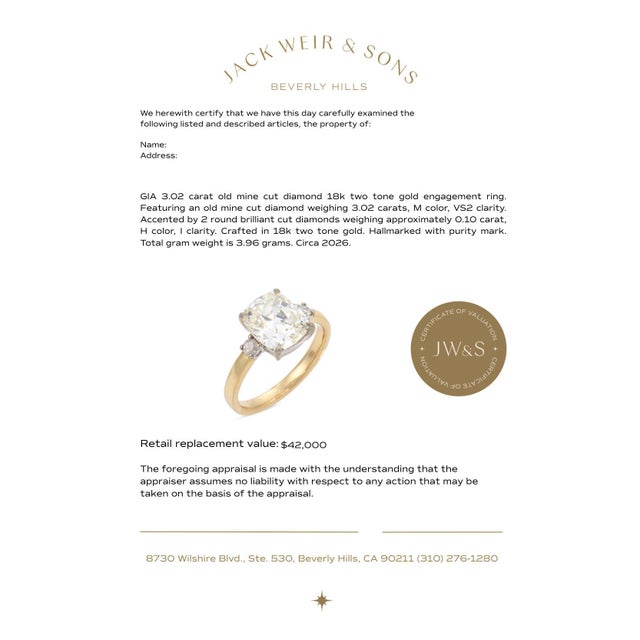 Metal Mid 20th Century Gia 3.02 Carat Old Mine Cut Diamond 18k Two Tone Gold Engagement Ring, Size 6 For Sale - Image 7 of 7