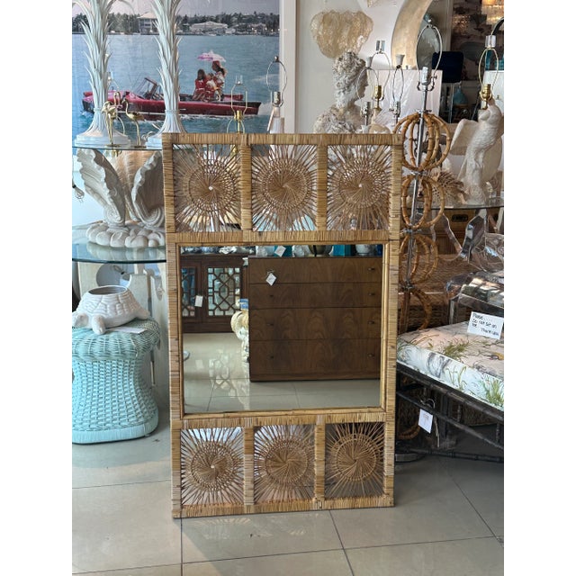 Vintage Palm Beach Spun Woven Wicker Rattan Sunburst Wall Mirror For Sale In West Palm - Image 6 of 10