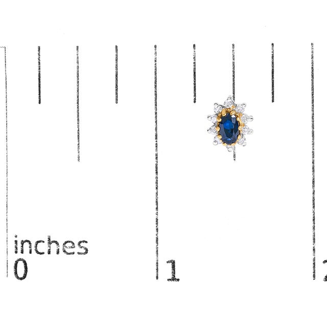 Early 21st Century 14K Yellow Gold 1/4 Cttw Diamond and Blue Sapphire Sunburst Halo Stud Earrings (K-L Color, I1-I2 Clarity) For Sale - Image 5 of 5
