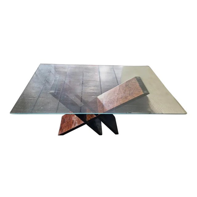 Center table with structure in black lacquered wood and briar, top in transparent tempered glass. Dimensions (WxDxH) 162 x...