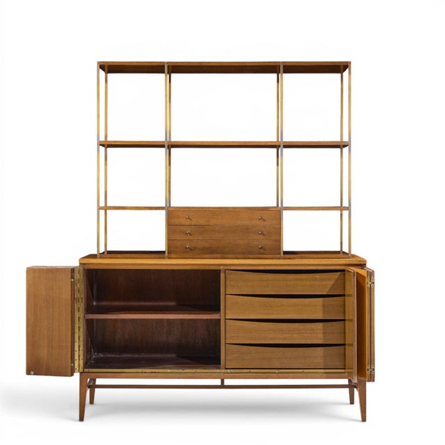 Paul McCobb for Calvin Mid Century Walnut and Brass Room Divider Credenza With Hutch For Sale - Image 13 of 15