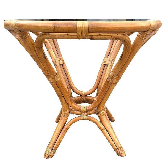 Restored MCM Modernist Rattan Hourglass Round End Table W/ Glass Top For Sale - Image 4 of 6