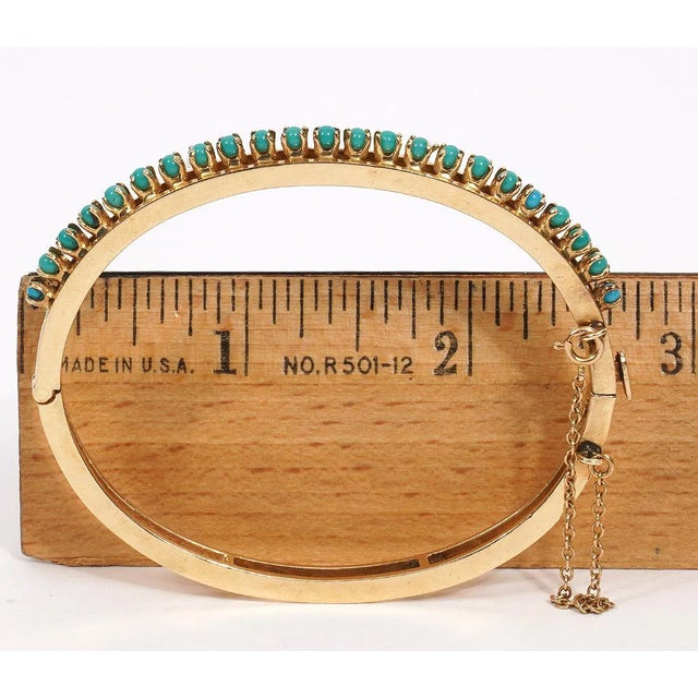 Metal 1950s 14k Turquoise Bangle Bracelet Yellow Gold Bead Vintage Opens Hinged For Sale - Image 7 of 11