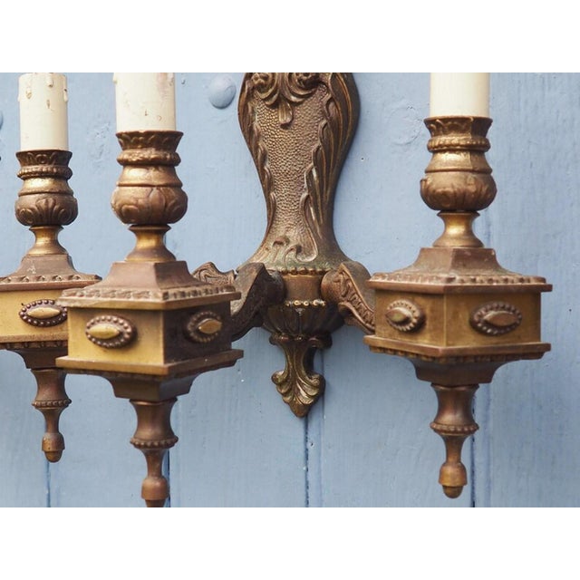 Metal Vintage Rococo Revival Italian 3-Arm Wall Sconces, 1940s, Set of 2 For Sale - Image 7 of 15
