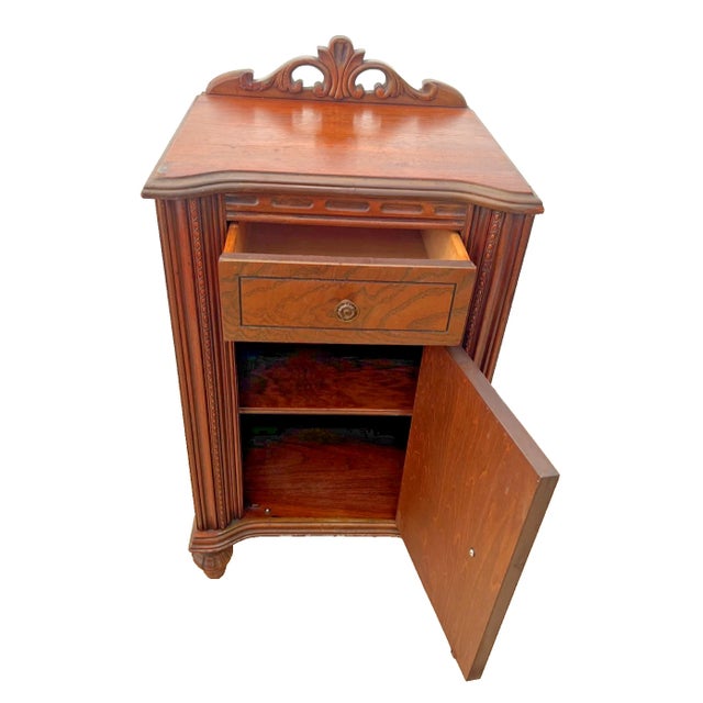 Early 20th Century Antique Italian Nightstand Cabinet With Drawer Hand Carved Walnut and Mahogany For Sale - Image 5 of 13