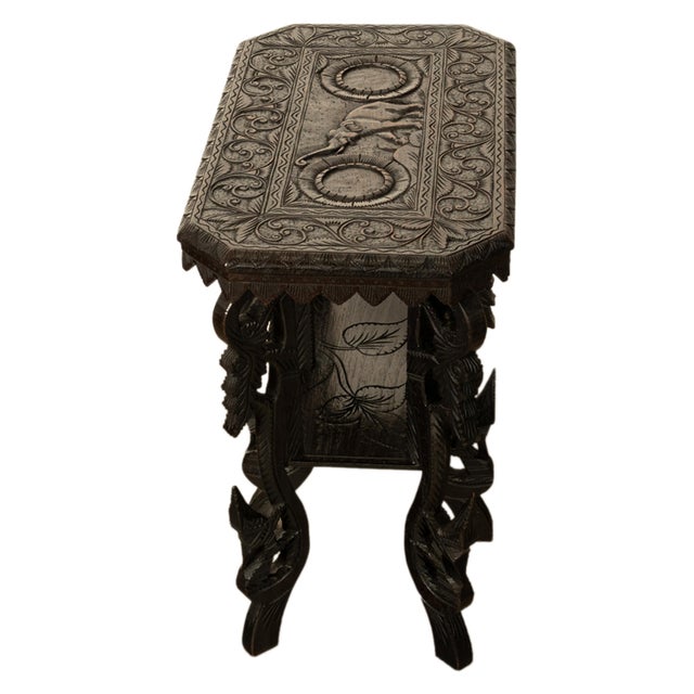 Antique Carved Anglo Indian Teak Wood Elephant Twin Tier Lamp Side Table 1900 For Sale - Image 10 of 17
