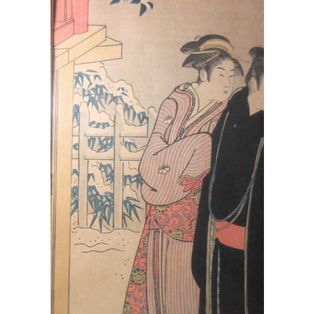 Japanese Antique Torii Kiyonaga Japanese Woodblock Edo Print Matsuchiyama Snowfall Figure For Sale - Image 3 of 12
