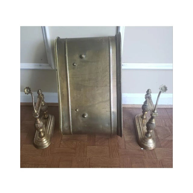 1920s "Home Sweet Home" Solid Brass Fireplace Fender and Fireplace Dogs Set- 3 Pieces For Sale - Image 9 of 11