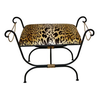Vintage French Empire Bench in Wrought Iron With Gold Leaf Gilt Trim and Belgian Leopard Velvet Upholstery For Sale