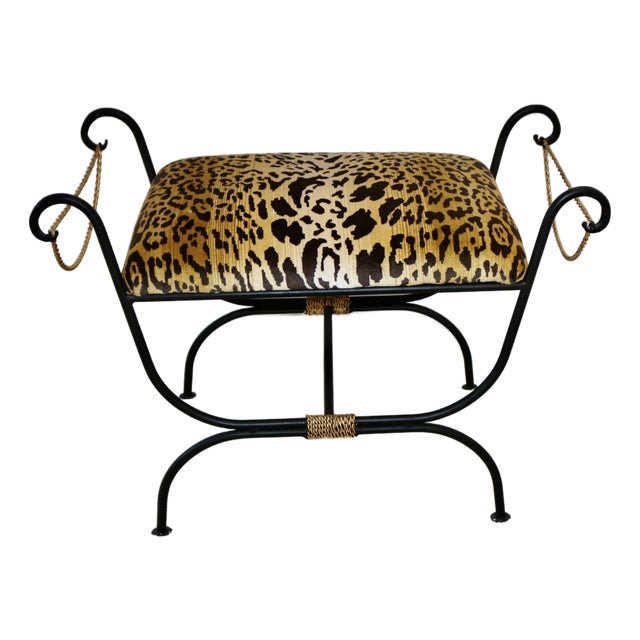 Vintage French Empire Bench in Wrought Iron With Gold Leaf Gilt Trim and Belgian Leopard Velvet Upholstery For Sale