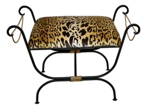 Vintage French Empire Bench in Wrought Iron With Gold Leaf Gilt Trim and Belgian Leopard Velvet Upholstery
