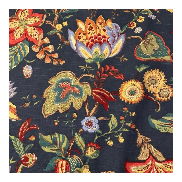 Vintage Jay Yang Navy Jacobean Floral Decorator Fabric, 5 Yards For Sale