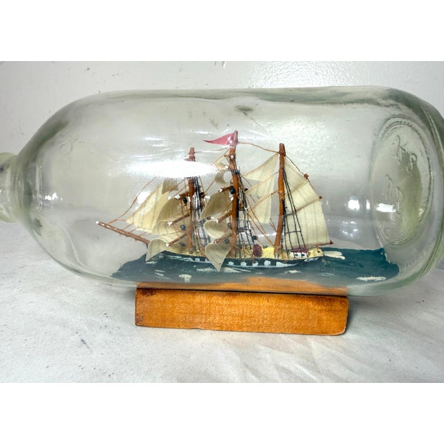 Wood Vintage Handmade Nautical Wood Sail Ship Boat in Glass Bottle Model Sculpture For Sale - Image 7 of 14
