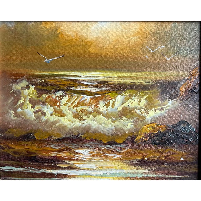 Impressionist Vintage Framed Impressionist Seascape Amber Sunset Oil Painting 8 X 10” For Sale - Image 3 of 5