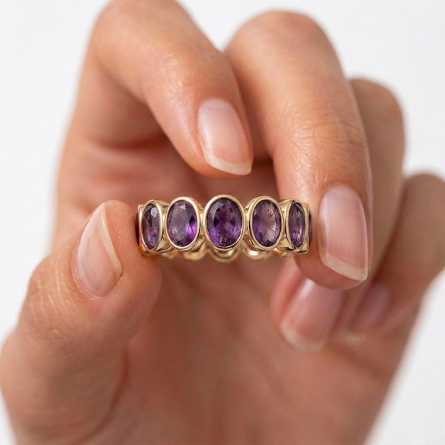 Contemporary Classic Amethyst Eternity Band Ring | Febraury Birthstone Stacking Ring Us 7 For Sale - Image 3 of 4