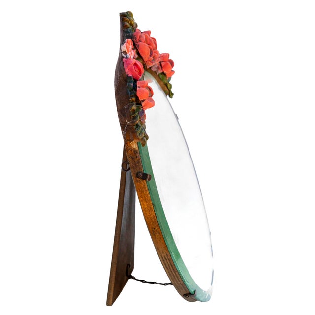 1930s 1990s Round Floral Beveled Easel Table Mirror in Colorful Tones For Sale - Image 5 of 6