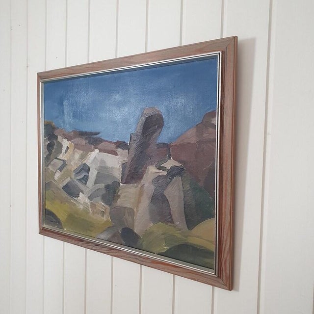 An original mid century oil on canvas by Swedish artist Allan Erwö (1921–2007), composed through simplified forms and...