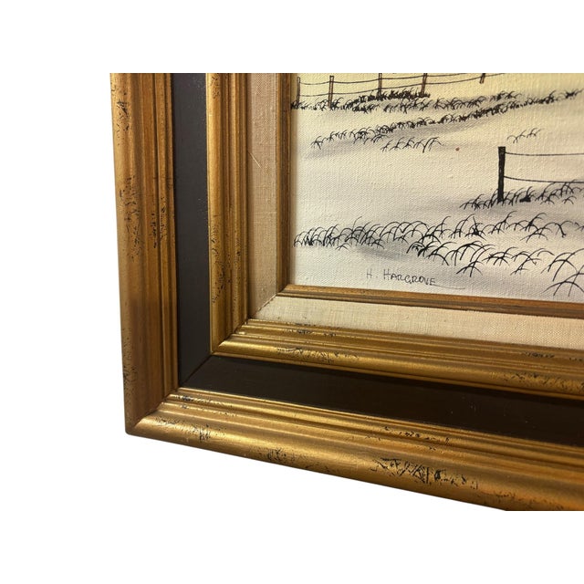 Signed H. Hargrove Winter Farm Landscape Oil Painting With Attached Gallery Light For Sale - Image 4 of 9