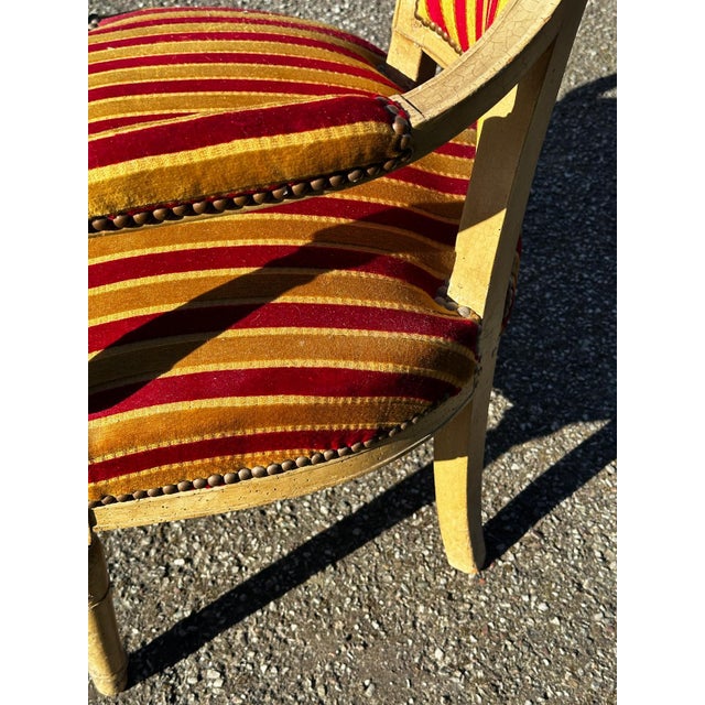 Gold Louis XVI Cabriolet Armchair in Patinated Wood and Striped Velvet For Sale - Image 8 of 15