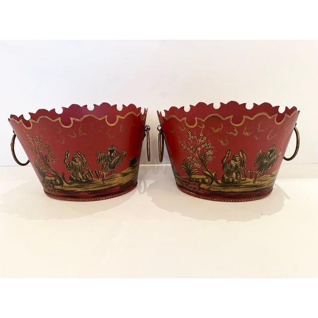 Metal Red & Gold Chinoiserie Style Tole Cachepots -A Pair For Sale - Image 7 of 9