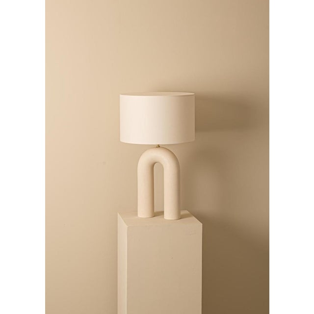 Textile Ecru Ceramic Arko Table Lamp with Grey Olive Lampshade by Simone & Marcel For Sale - Image 7 of 17