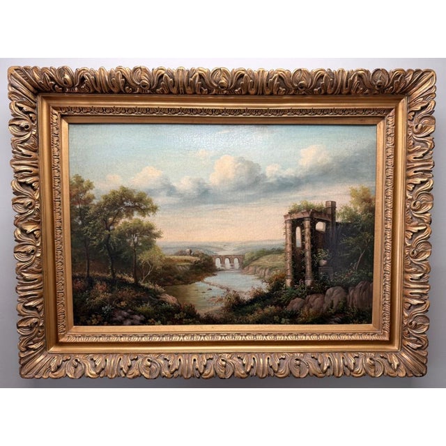This original oil painting depicts a tranquil classical landscape with a winding river, distant arched bridge, lush...