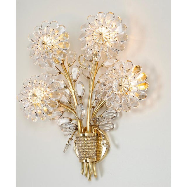Large Gilt and Crystal Glass Flower Sconce from Palwa, 1970s For Sale - Image 9 of 10