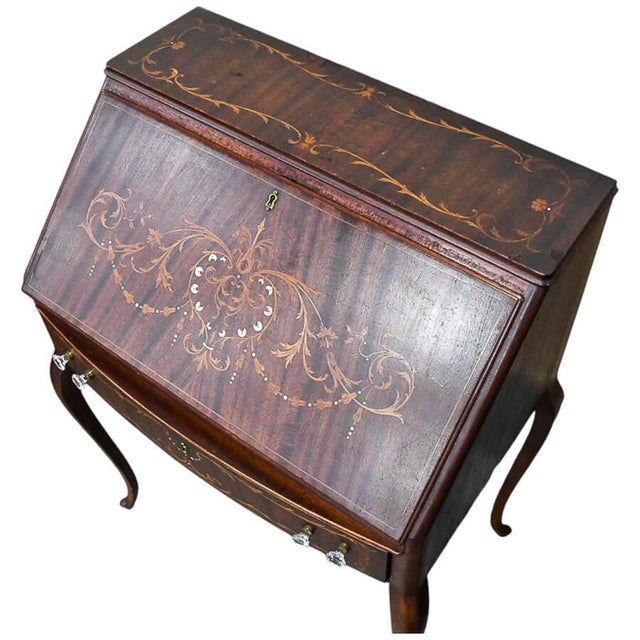 Antique Louis XV Style Marquetry & Mother of Pearl Inlay Slant Secretary For Sale In Greensboro - Image 6 of 10